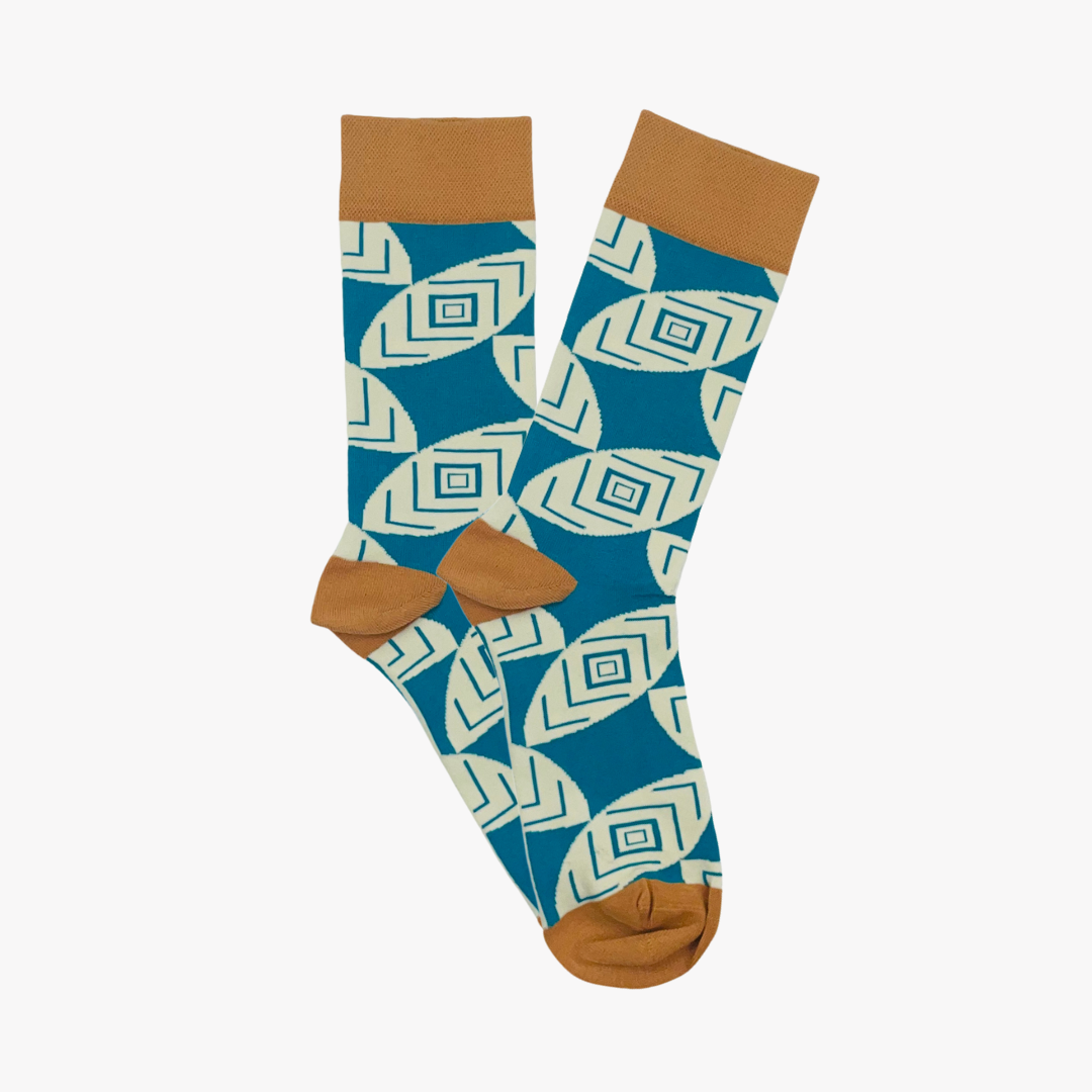 teal and tan Masai socks by Afropop Socks, African inspired