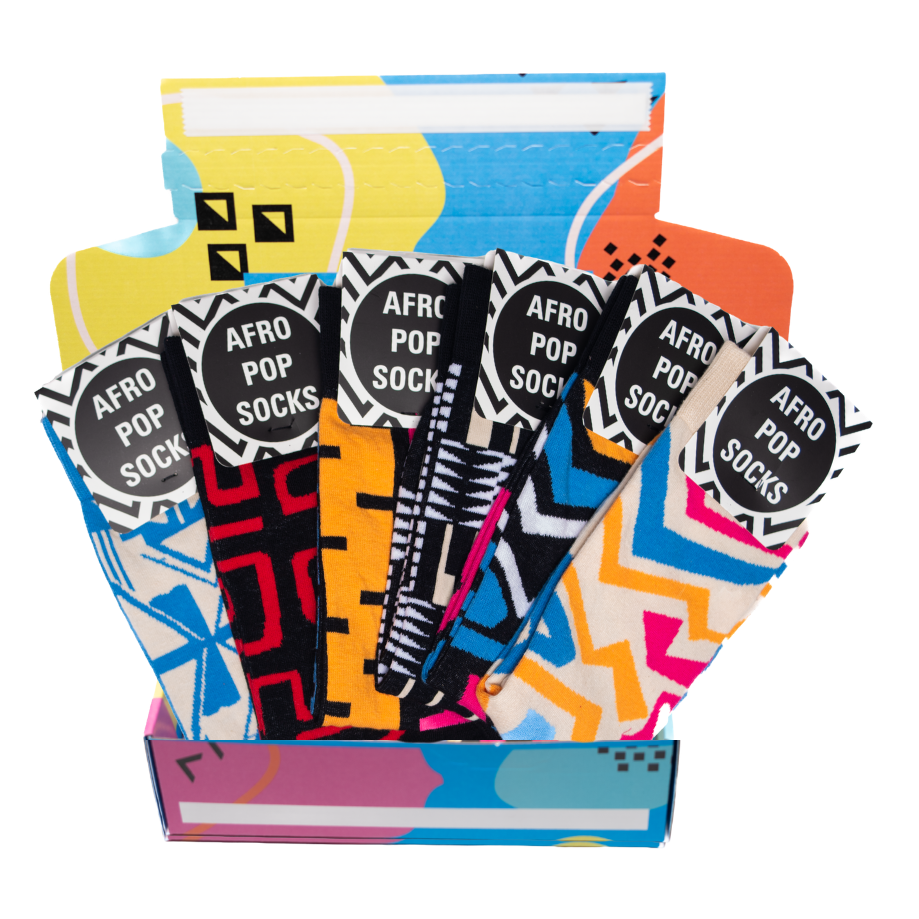 The Father’s Day Legacy Box with six pairs of colourful African heritage socks in an Afropop gift box
